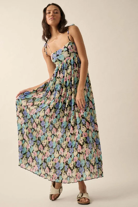 Aurora Blossoms Pleated Floral Maxi Dress Stylish Boho Maxi Dress