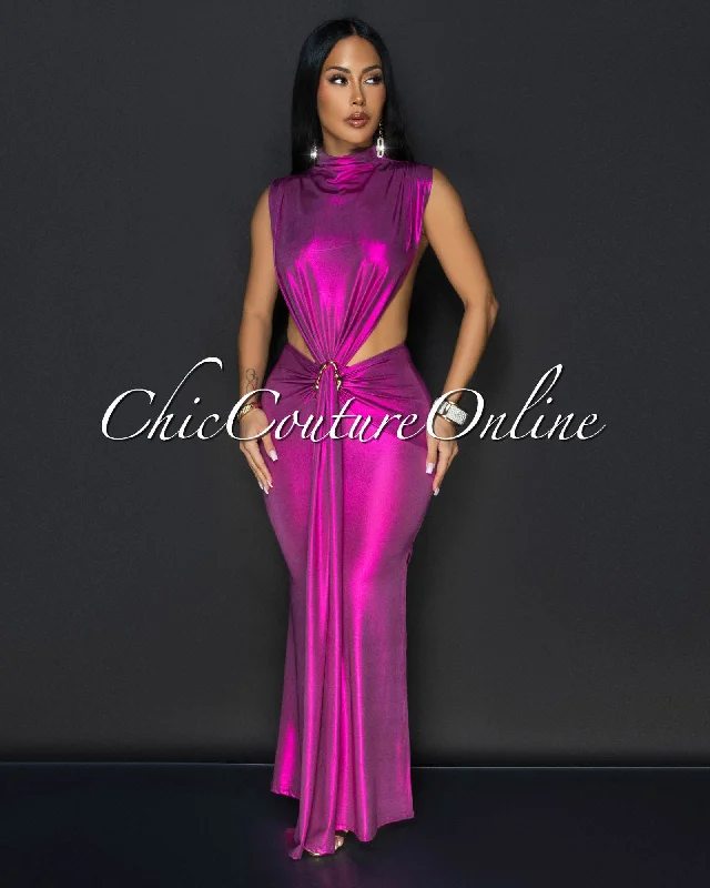 Avaline Fuchsia Shimmer Open Sides Maxi Dress Elegant Lace Maxi Dress