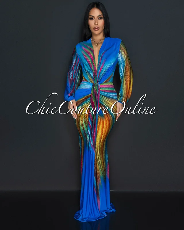 Ayana Blue Peacock Long Sleeves Deep V-Neck Maxi Dress Stylish Long Sleeve Maxi Dress