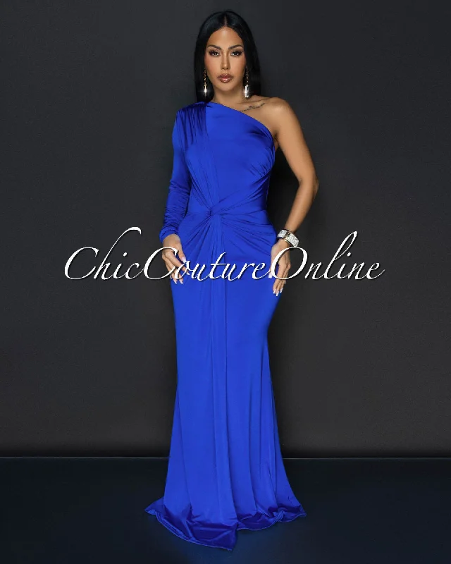 Balencia Royal-Blue Single Sleeve Knot Front Maxi Dress Trendy Button Front Maxi Dress