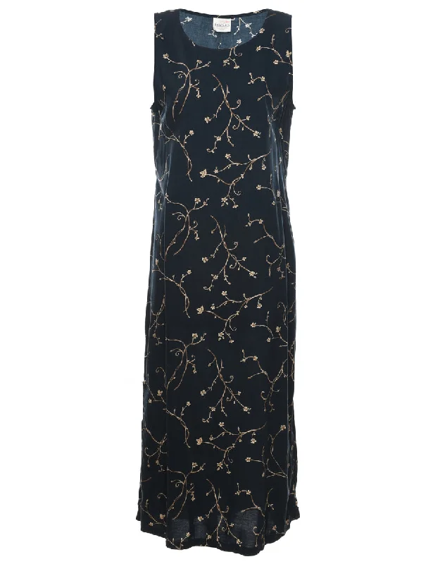 Black Floral Print Maxi Dress - M Stylish Maxi Dress with Frills