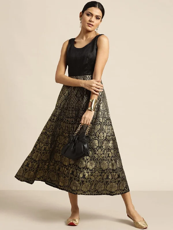 Black Foil Print Sleeveless Anarkali Maxi Dress Fashionable High-Waist Maxi Dress