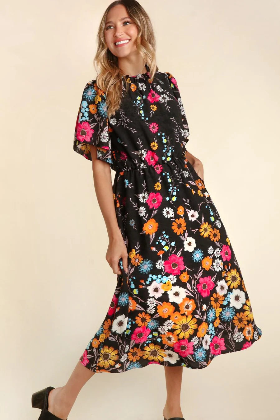 BLACK FRILLY MOCK NECK FLORAL POCKETED MIDI MAXI DRESS Stylish Boho Maxi Dress