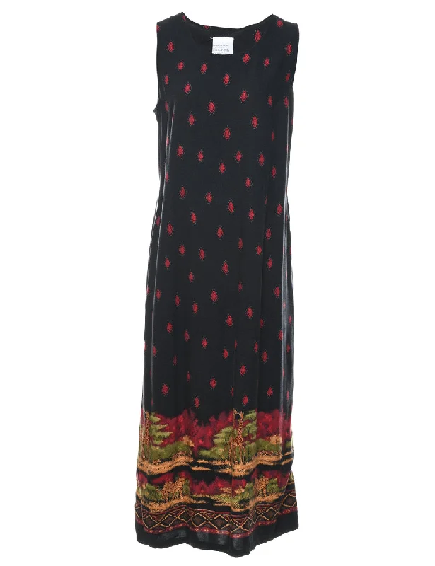 Black Patterned Maxi Dress - M Comfortable Bohemian Maxi Dress