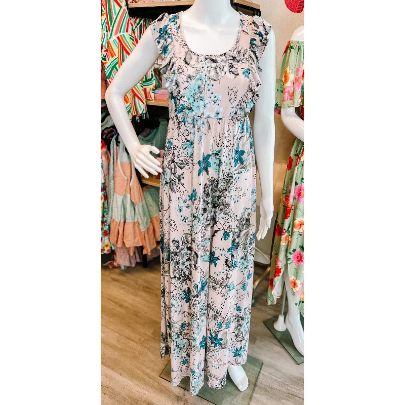 Blue Blush Vintage Floral Maxi Dress Trendy A-Line Maxi Dress