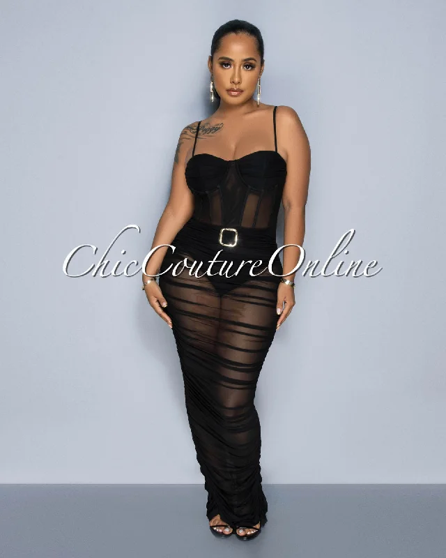 Bonaparte Black Gold Buckle Mesh Ruched Sheer Maxi Dress Fashionable Halter Neck Maxi Dress