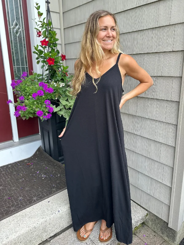 Cami Maxi Dress with Side Pockets in Black Stylish Boho Maxi Dress