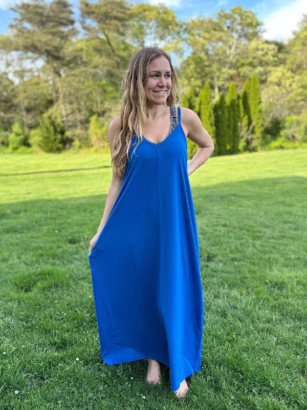 Cami Maxi Dress with Side Pockets in Blue Stylish Maxi Dress with Pleats