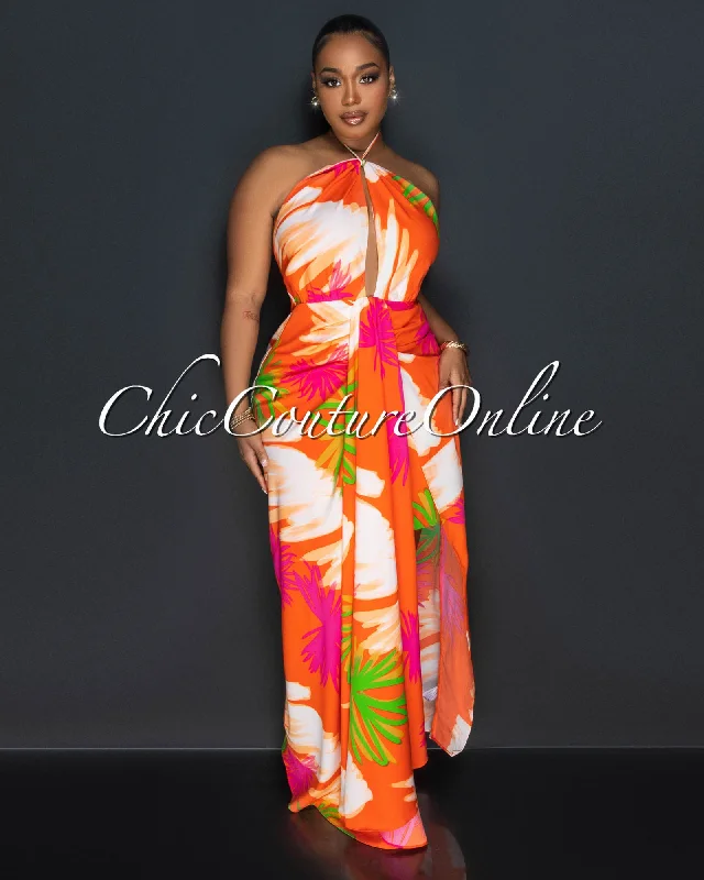 Celian Orange Multi-Color Print Front Slit Maxi Dress Cozy Open-Back Maxi Dress