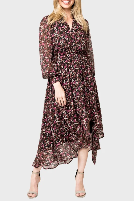 Chiffon Ruffle Hi-Low Maxi Dress Trendy Floral Print Maxi Dress