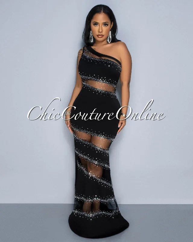 Corine Black Mesh Rhinestones Maxi Dress Cozy Spaghetti Strap Maxi Dress