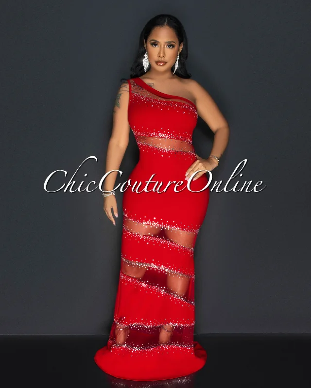 Corine Red Mesh Rhinestones Maxi Dress Stylish A-Line Maxi Dress