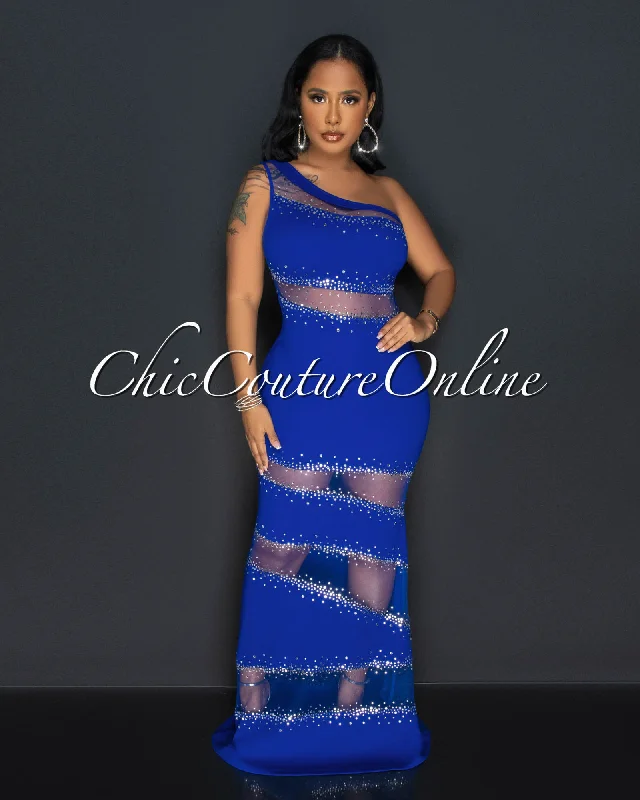 Corine Royal Blue Mesh Rhinestones Maxi Dress Comfortable Long-Sleeve Maxi Dress