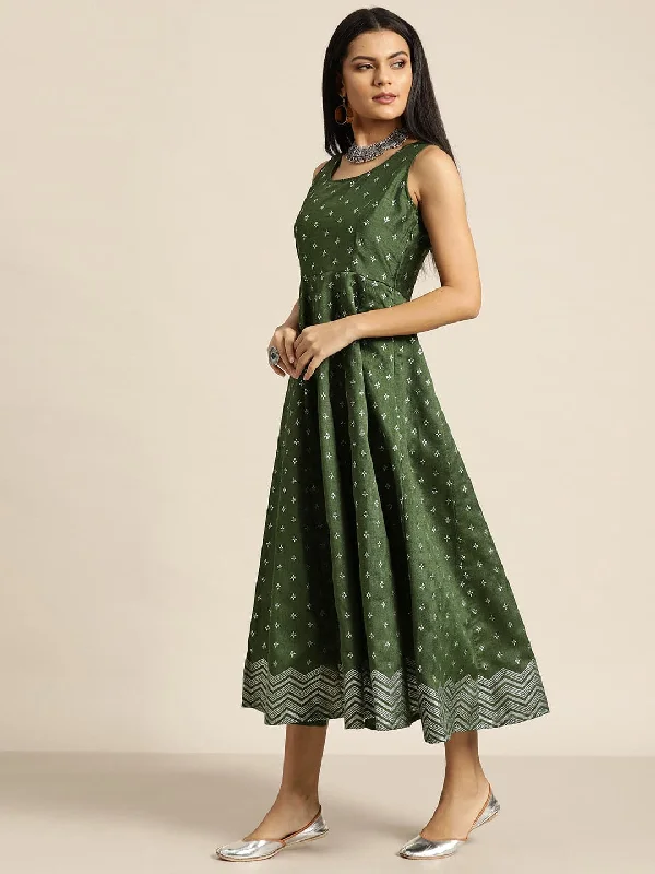 Dark Green Silver Foil Print Anarkali Maxi Dress Comfortable Pleated Maxi Dress