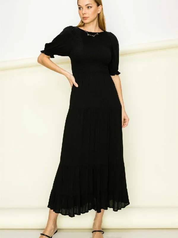 Dreamy Black Smocked Maxi Dress with Short Puffy Sleeves Fashionable Faux Wrap Maxi Dress