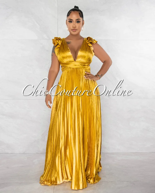 Elaine Gold Ruffle Lace-Up Back Pleated Silky Maxi Dress Comfortable Satin Maxi Dress