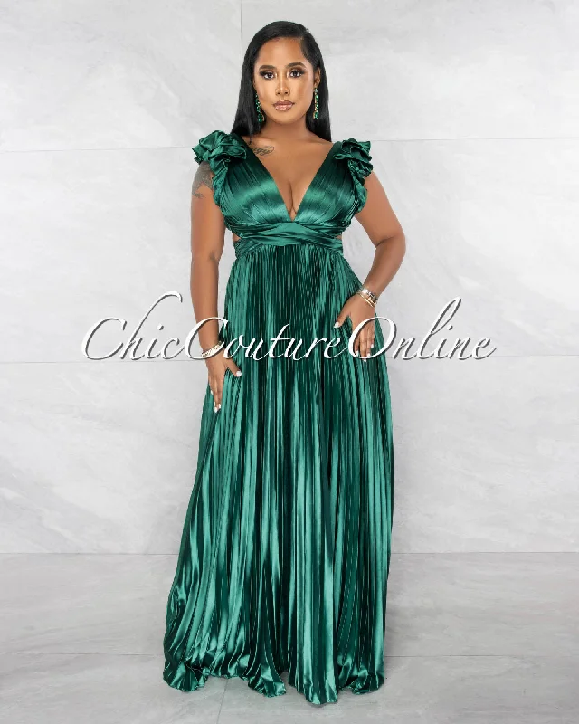 Elaine Green Ruffle Lace-Up Back Pleated Silky Maxi Dress Fashionable Layered Maxi Dress