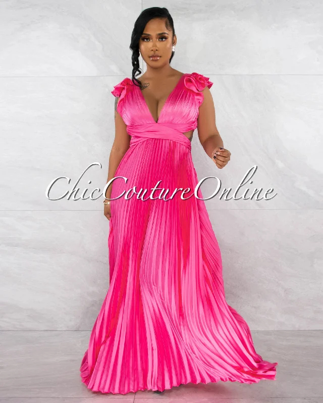 Elaine Pink Ruffle Lace-Up Back Pleated Silky Maxi Dress Elegant Silk Maxi Dress