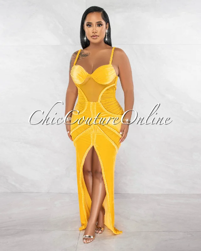 Eliam Yellow Velvet Mesh & Braids Details Front Slit Maxi Dress Stylish Button-Up Maxi Dress