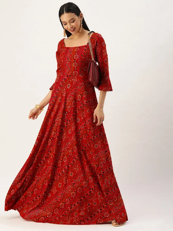 Red Printed Viscose Maxi Dress Cozy Knit Maxi Dress