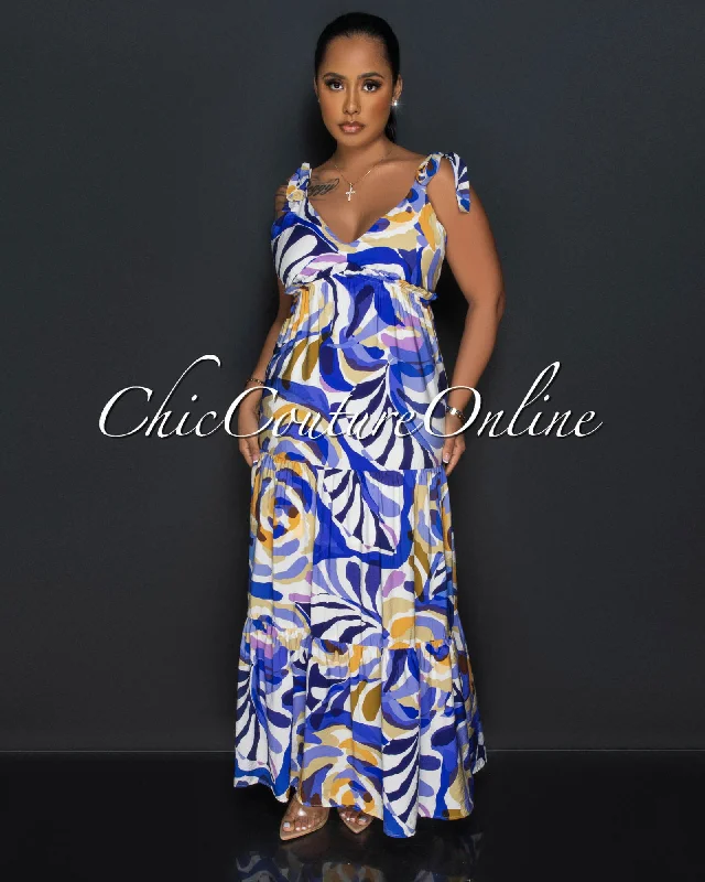 Finda Blue Cream Print Ruffle Maxi Dress Trendy Ruffled Maxi Dress