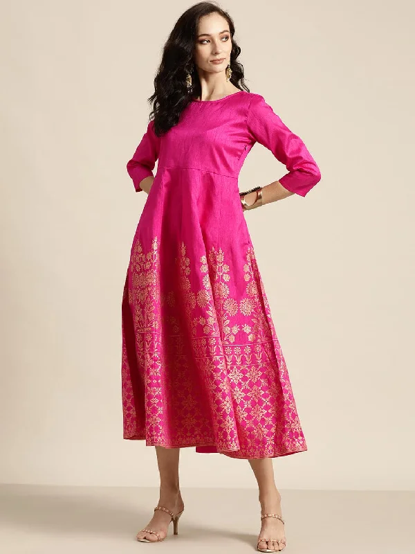 Fuchsia Foil Print Anarkali Maxi Dress Elegant Lace Maxi Dress