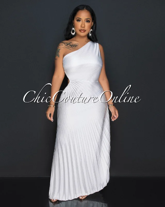 Genevieve Off-White Pleated Single Shoulder Silky Maxi Dress Comfortable Cotton Maxi Dress