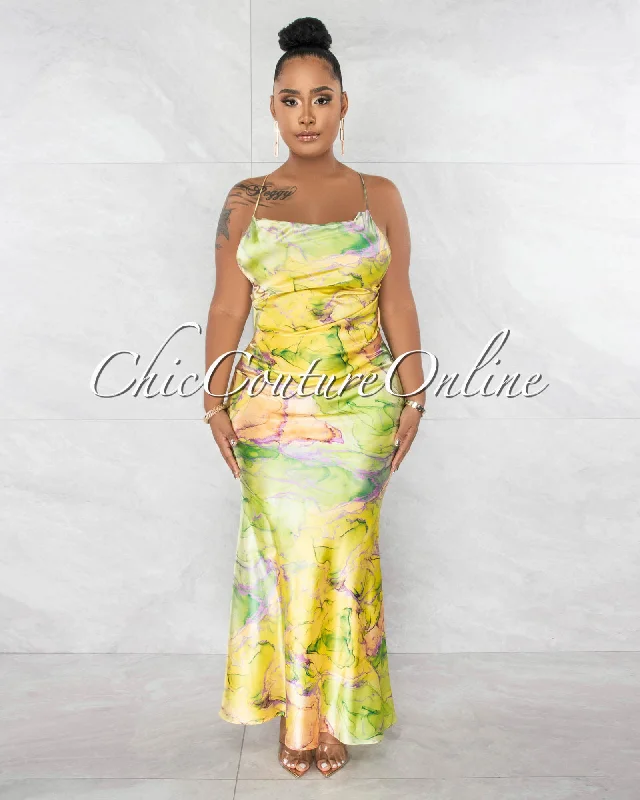 Goldie Lime Print Back Gold Link Self-Tie Silky Maxi Dress Stylish One-Shoulder Maxi Dress