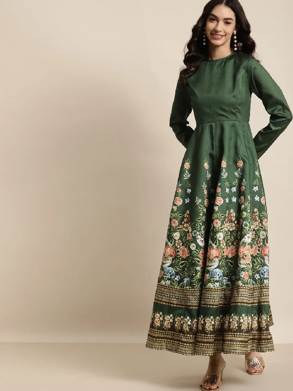 Green Floral Full Sleeves Anarkali Maxi Dress Trendy Floral Print Maxi Dress