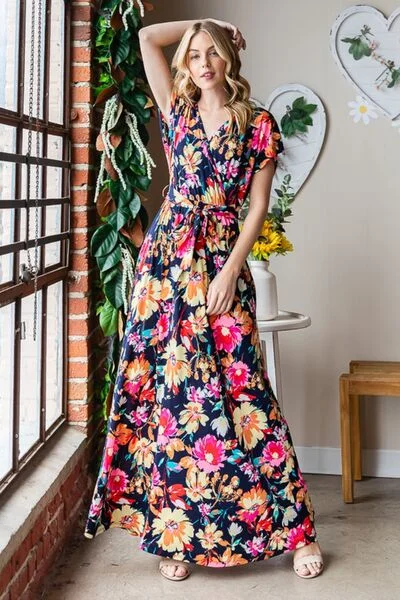 Explore More Collection - Heimish Full Size Floral Surplice Tie Waist Maxi Dress Comfortable Casual Maxi Dress