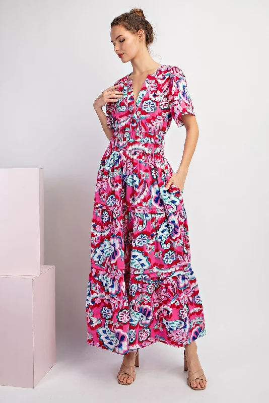 HOT PINK ABSTRACT PAISLEY PRINTED TIERED POCKETED SHORT SLEEVE MAXI DRESS Elegant Lace-Up Maxi Dress