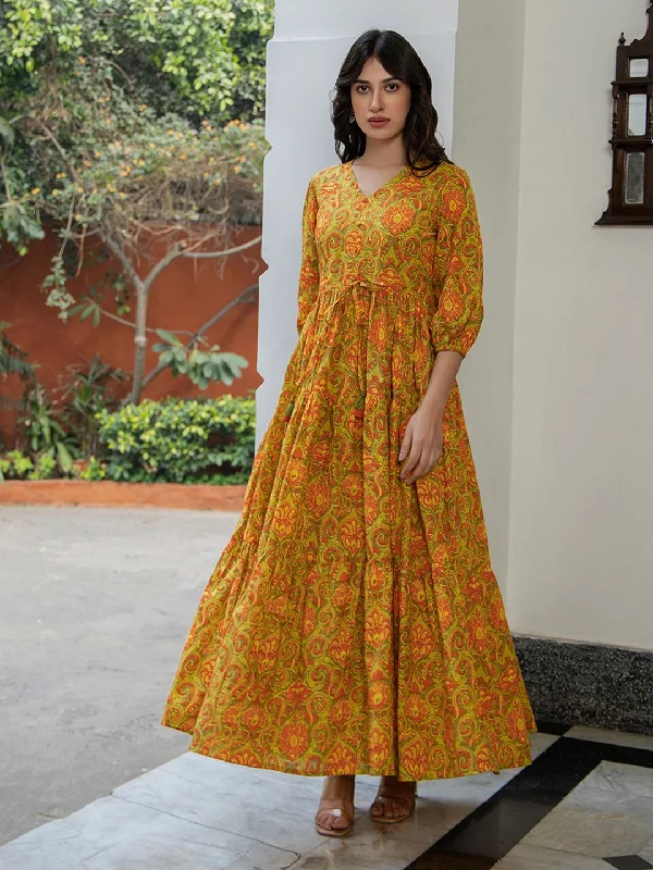 Mustard & Green Cotton Printed Maxi Dress Elegant Silk Maxi Dress