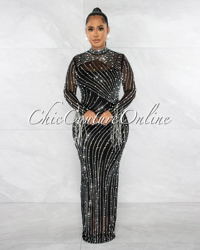 Katashna Black Mesh Sheer Rhinestones Maxi Dress Comfortable Fitted Maxi Dress