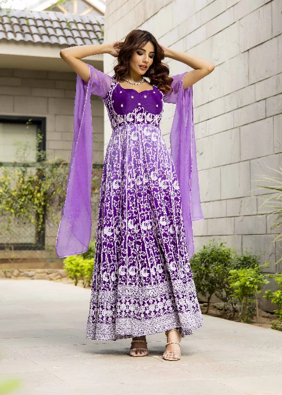 Tashi Purple Georgette Embroidered Maxi Dress Elegant Lace Maxi Dress