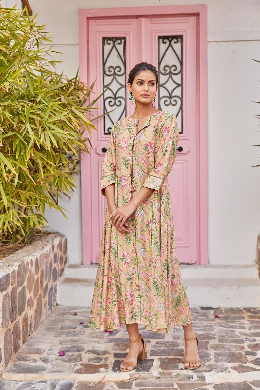 Light Brown Hand Block Print Maxi Dress Trendy Maxi Dress with Belt