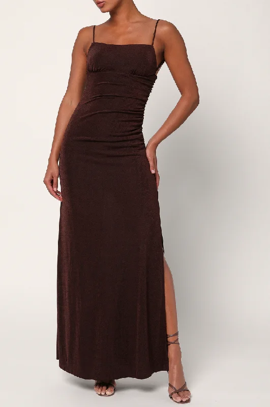 Lulus Complete Catch Backless Lace Ruched Maxi Dress - Chocolate Trendy V-Neck Maxi Dress