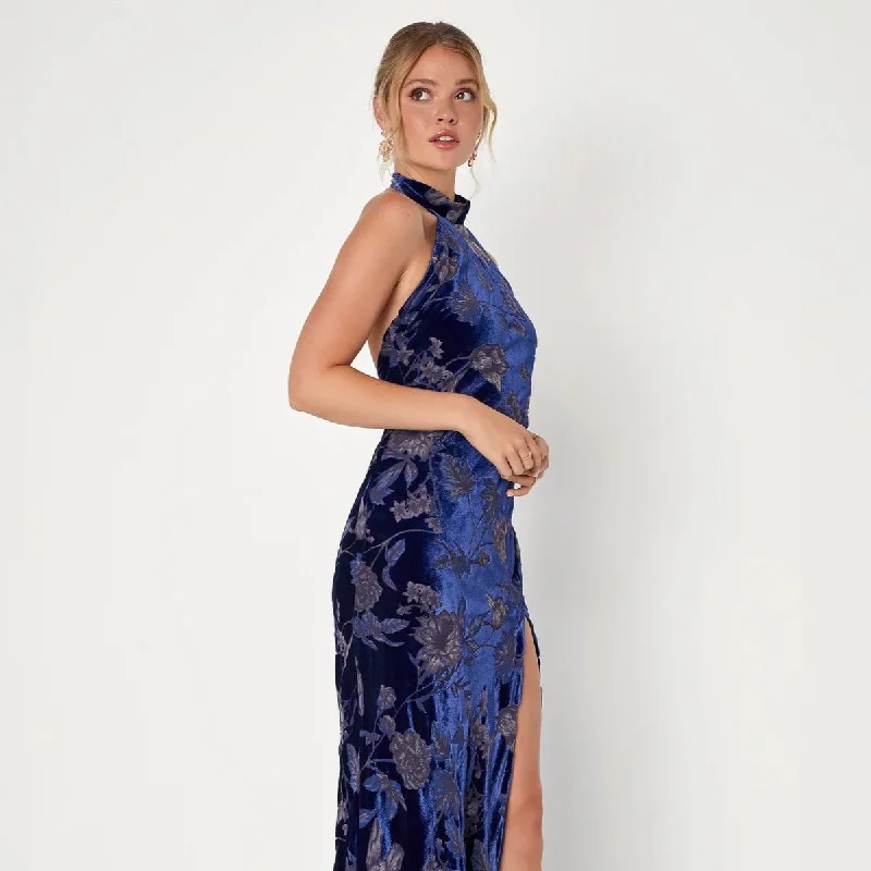 Lulus Dreamy Blossom Floral Burnout Velvet Halter Maxi Dress - Dark Blue Comfortable Fit-and-Flare Maxi Dress