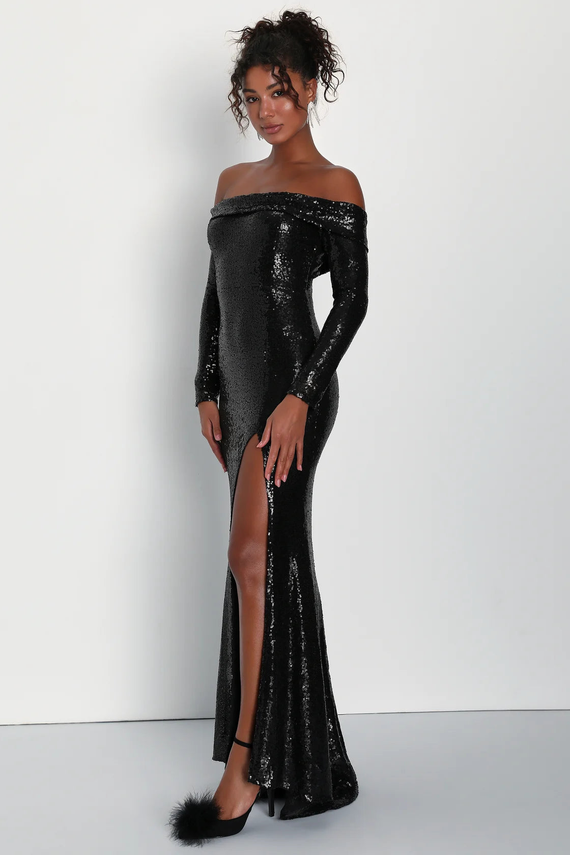 Lulus Party Icon Sequin Off-Shoulder Long Sleeve Maxi Dress - Black Stylish Off-Shoulder Maxi Dress