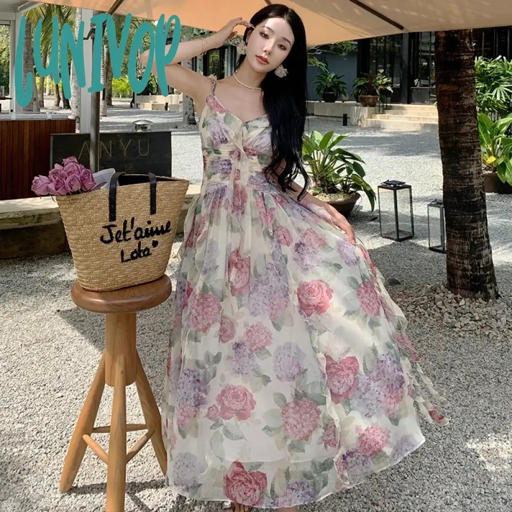 Lunivop 2024 Summer Chiffon Beach Maxi Dress Women Fashion Print Floral Backless Bandage Slip Dress Elegant Evening Party Fairy Dresses Comfortable Ruffle Maxi Dress