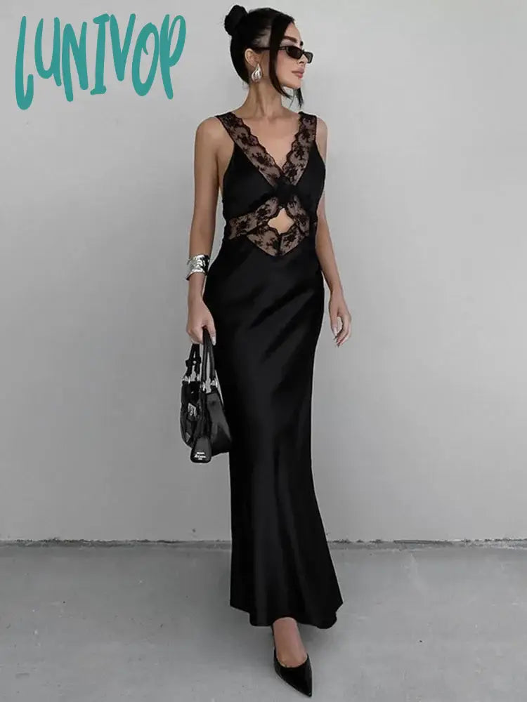 Lunivop Lace Slim Maxi Dresses For Women Clothing Deep V Neck Sexy High Wasit Long Dress Party Fashion Evening Dress Woman Chic Sleeveless Maxi Dress