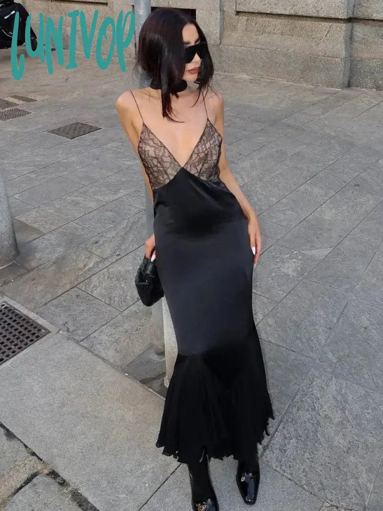 Lunivop Lace Splice Maxi Dresses For Women Sexy Deep V Neck Mesh Slim Dress Woman Temperament Clubwear Party Evening Dress Femme Fashionable Layered Maxi Dress