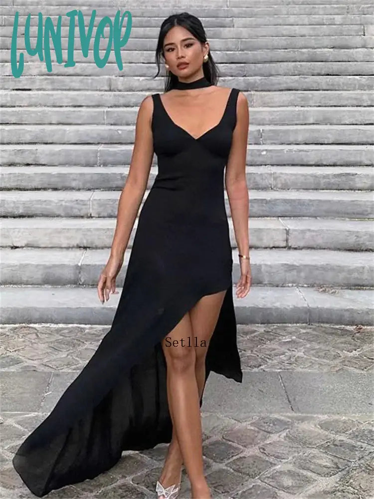 Lunivop Low Cut Straps Backless Split Maxi Dress Women Sexy Elegant Sleeveless Evening Party Long Dresses Club Outfits Summer Dress Fashionable Layered Maxi Dress