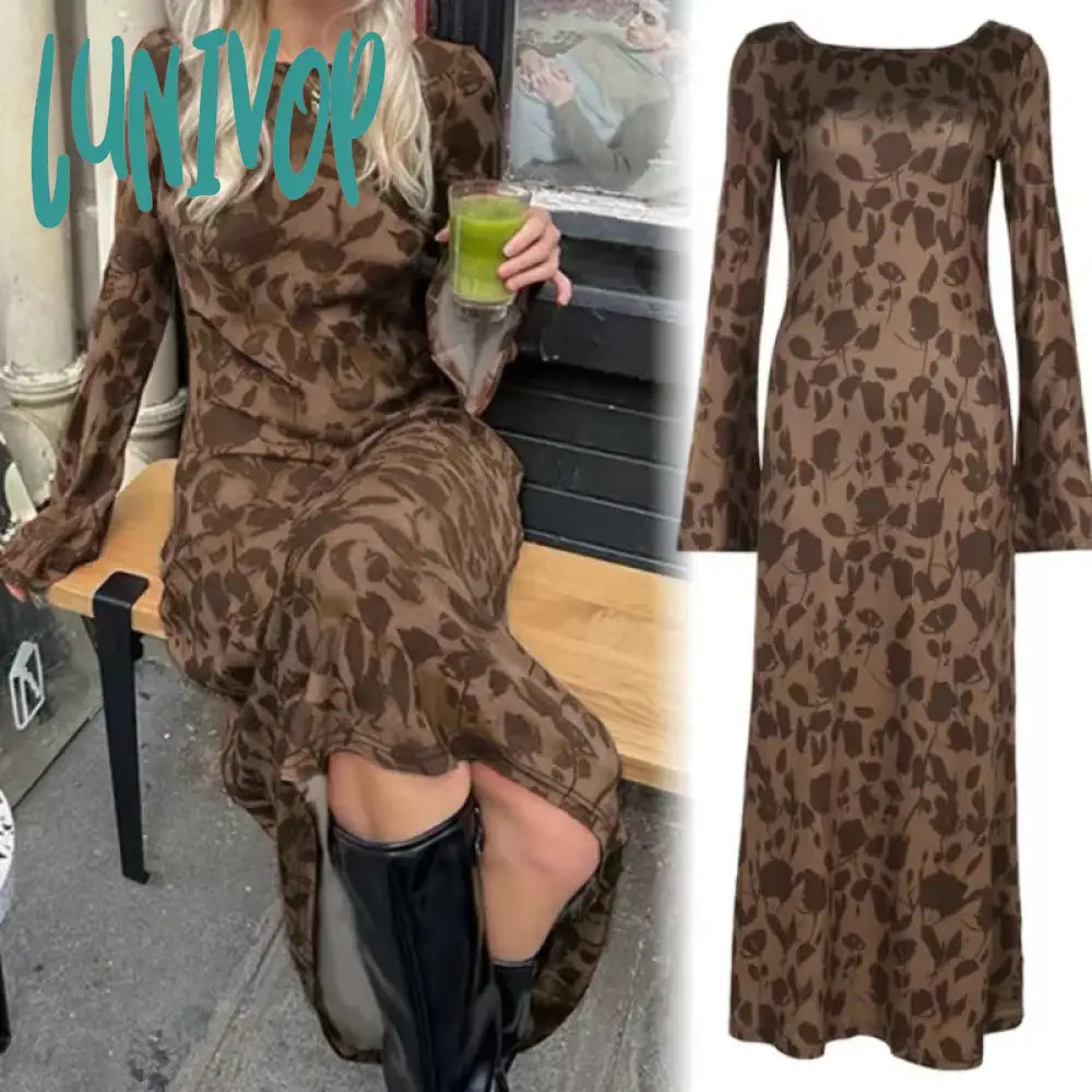 Lunivop New Vintage Floral Print Long Dress Women Y2K Bodycon Maxi Dresses Casual Chic Elegant Flared Long Sleeve Evening Party Dresses Stylish Button-Up Maxi Dress