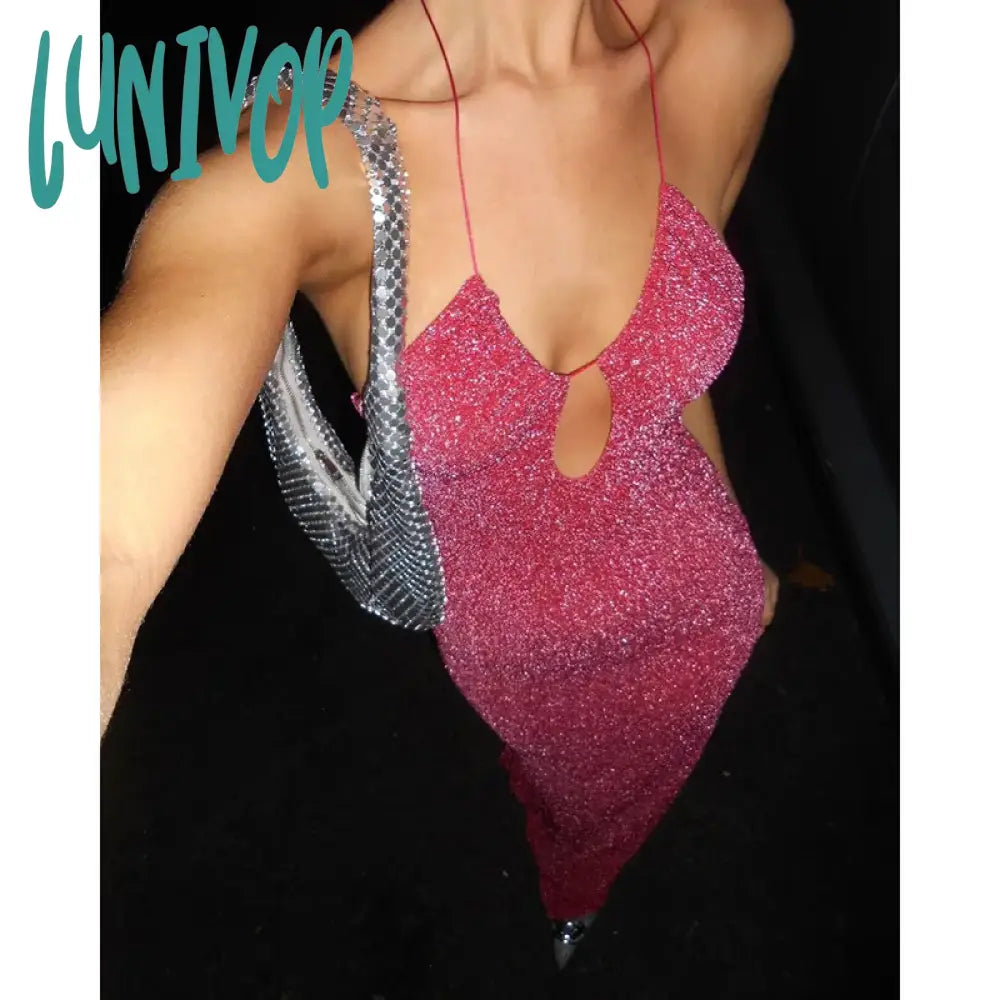 Lunivop Pink Sequined Halter Prom Maxi Dress Evening Party  Hollow Out Glitter Beaded Tie-back Slit Long Dress Sexy Wedding Guest Fashionable Faux Wrap Maxi Dress