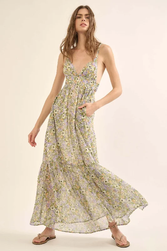 Magical Meadow Floral Chiffon Open-Back Maxi Dress Trendy Ruffled Maxi Dress