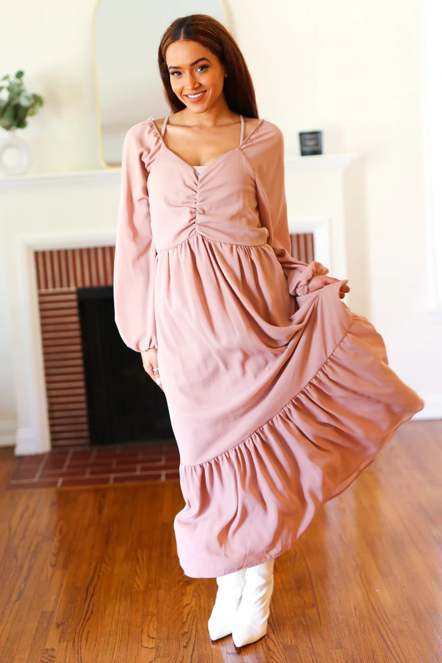 MAUVE RUCHED MAXI DRESS Elegant Maxi Dress with Slit