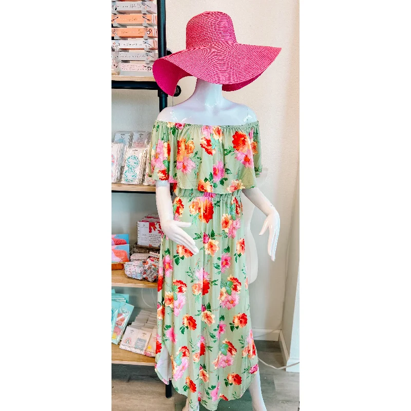 Mint Coral Floral Ruffle On/Off Shoulder Maxi Dress Cozy Maxi Dress with Slit