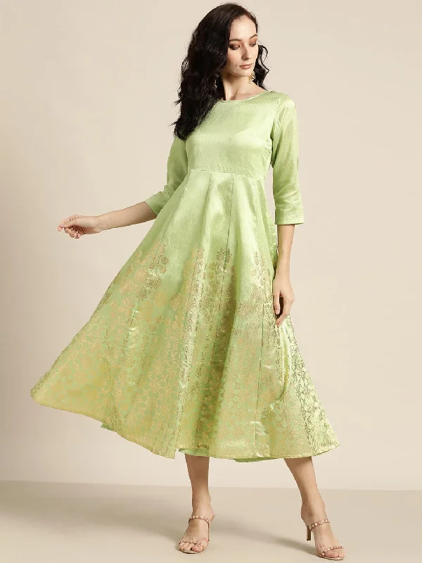 Mint Green Foil Print Anarkali Maxi Dress Elegant Floral Maxi Dress