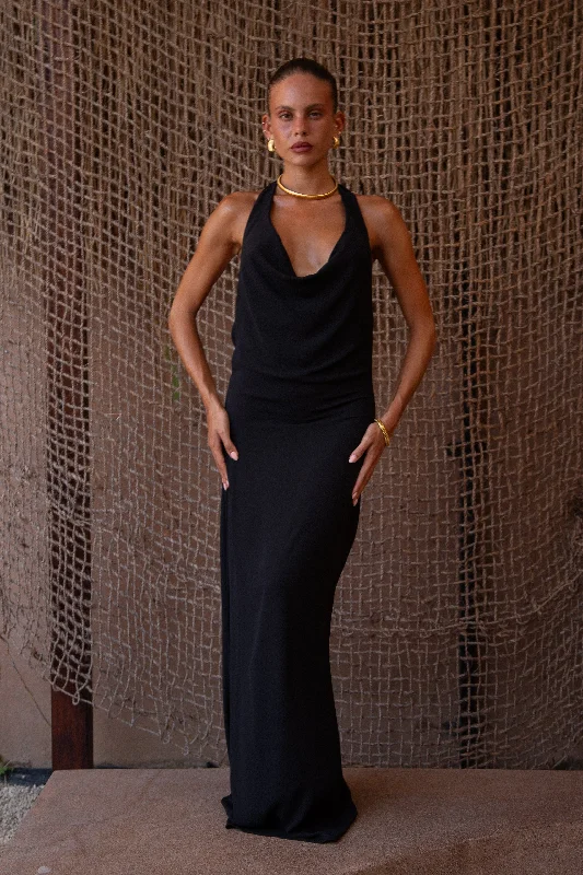 Misha Cowl Neck Maxi Dress Black Elegant Boho Maxi Dress