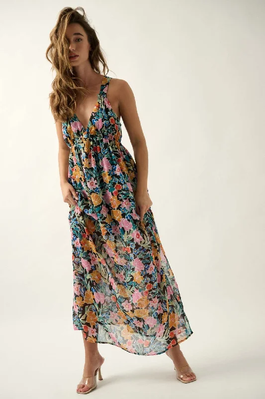 Montego Morning Floral Chiffon Open-Back Maxi Dress Stylish A-Line Maxi Dress